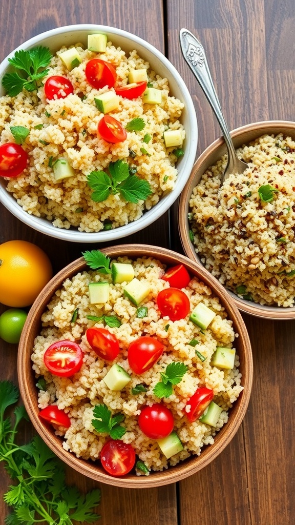 Bowl of fluffy couscous with vegetables and a bowl of quinoa salad with vegetables on a rustic wooden table.